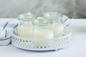Non dairy yogurt in glass jars